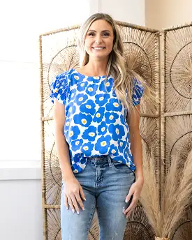 Adalyn Royal Blue Floral Smocked Sleeve Top