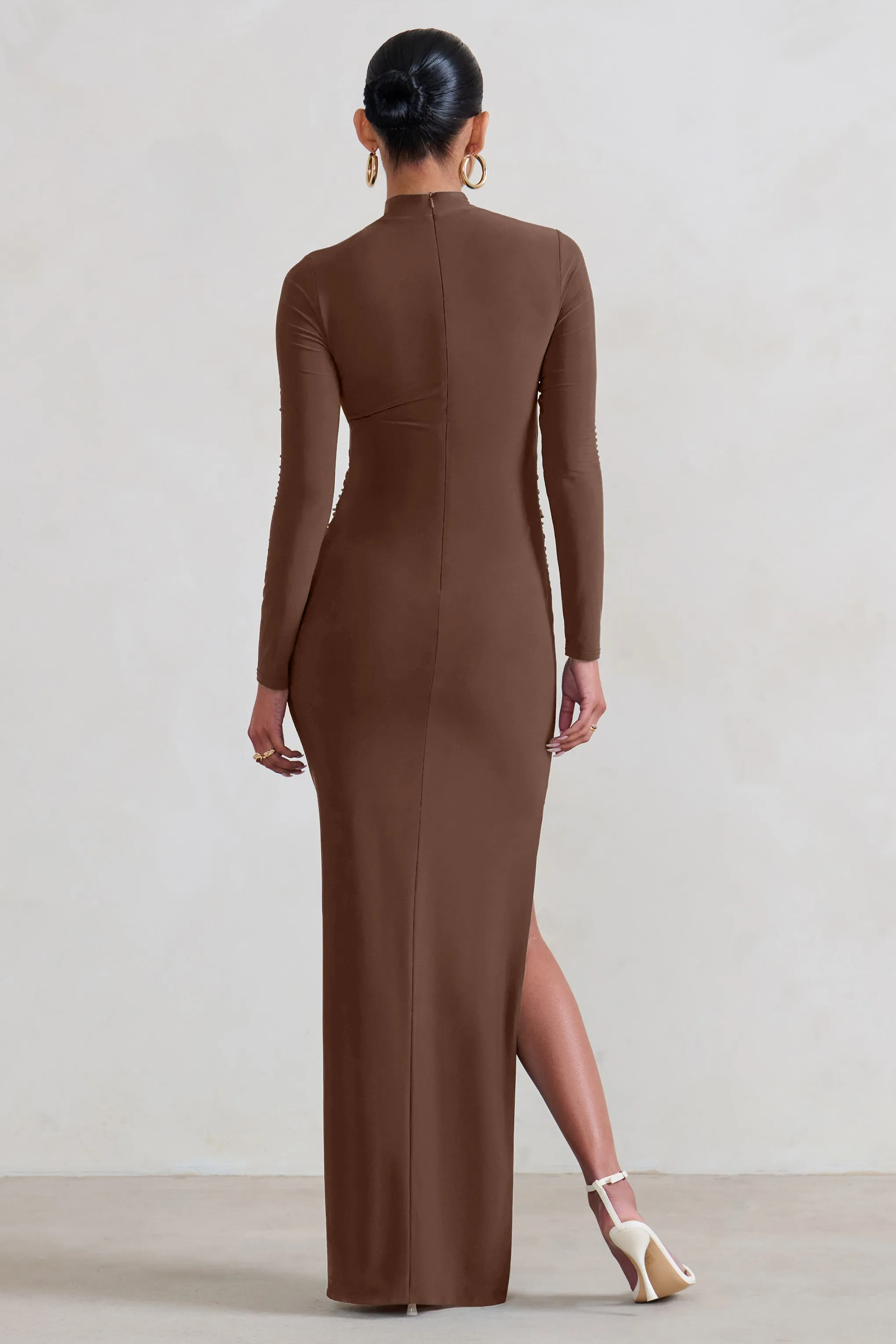 Alejandra | Brown Maternity Long Sleeve High Neck Maxi Dress