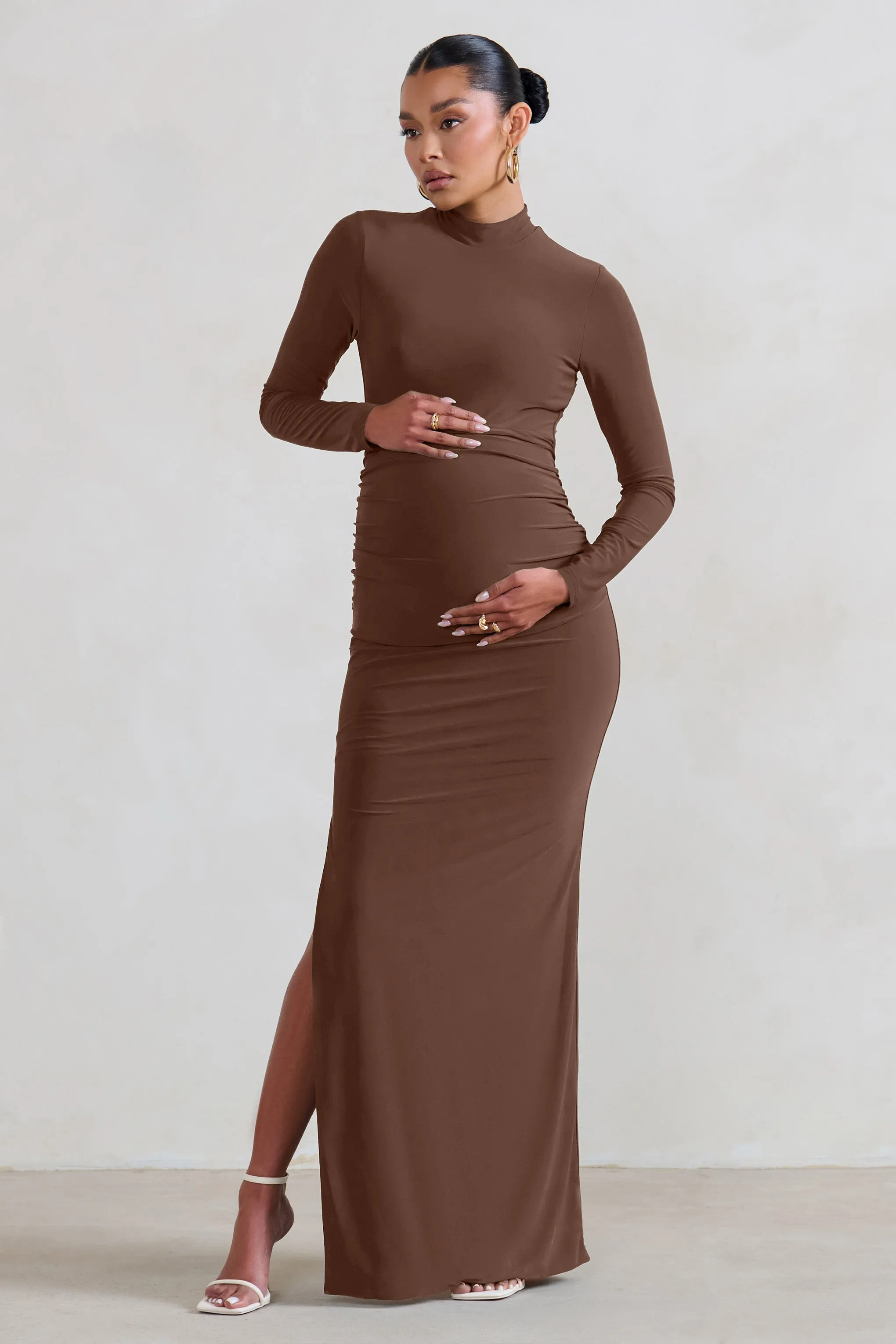 Alejandra | Brown Maternity Long Sleeve High Neck Maxi Dress