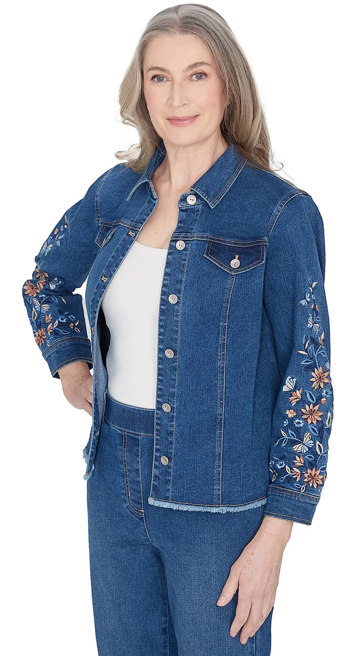 ALFRED DUNNER JACKET *MISSY* MD DENIM EMBROIDERED FRINGE