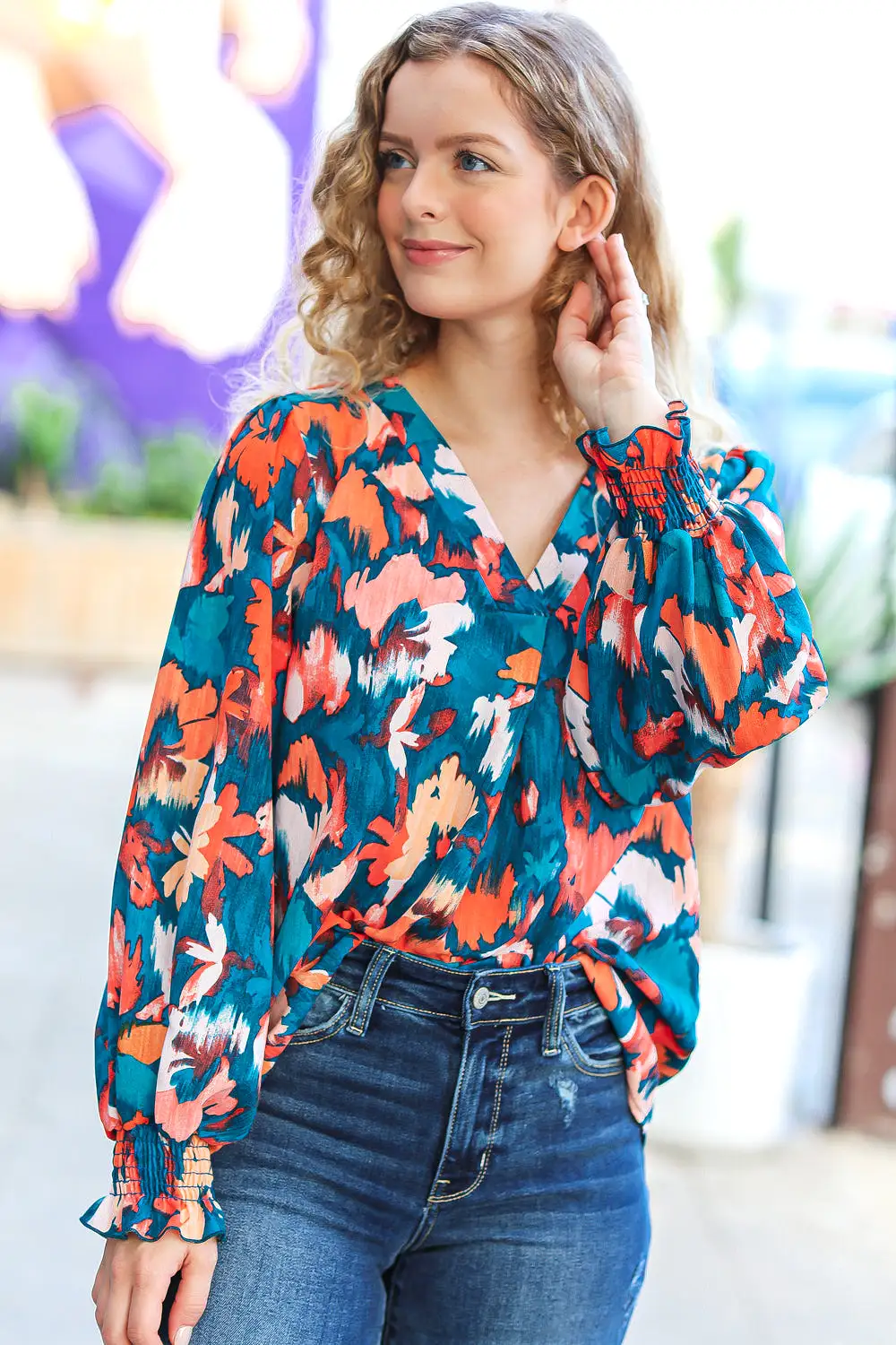 All I Ask Teal Floral Abstract Print V Neck Smocked Top