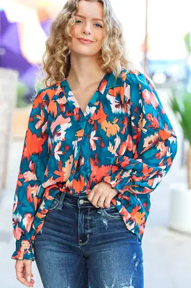 All I Ask Teal Floral Abstract Print V Neck Smocked Top