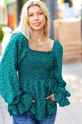 Always With You Teal Smocked Ditzy Floral Ruffle Top