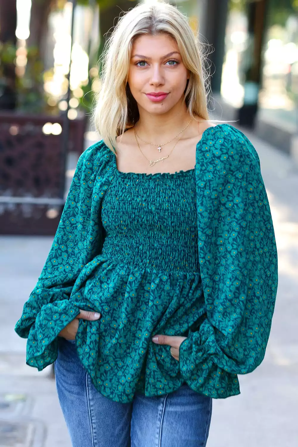 Always With You Teal Smocked Ditzy Floral Ruffle Top