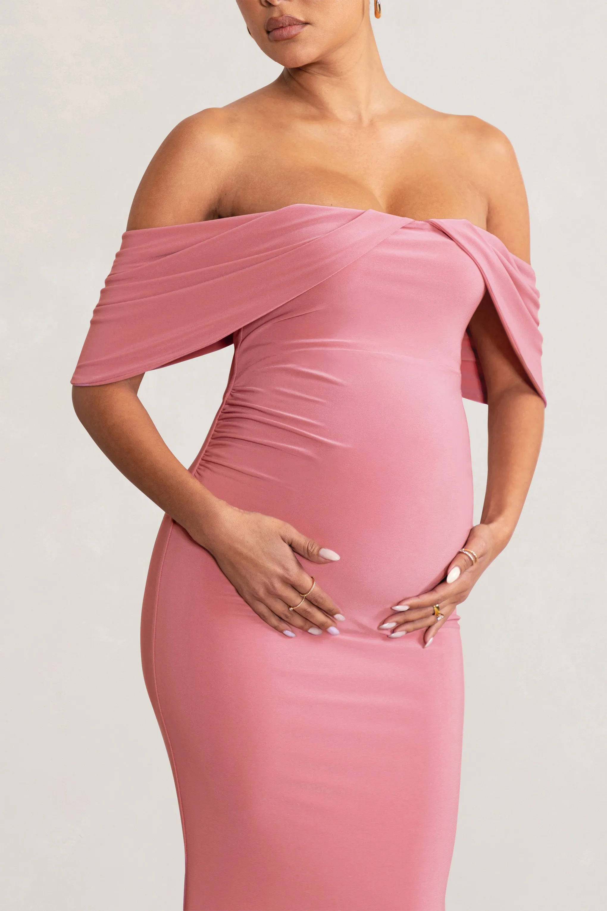 Asha | Blush Pink Draped Sleeve Bardot Maternity Maxi Dress