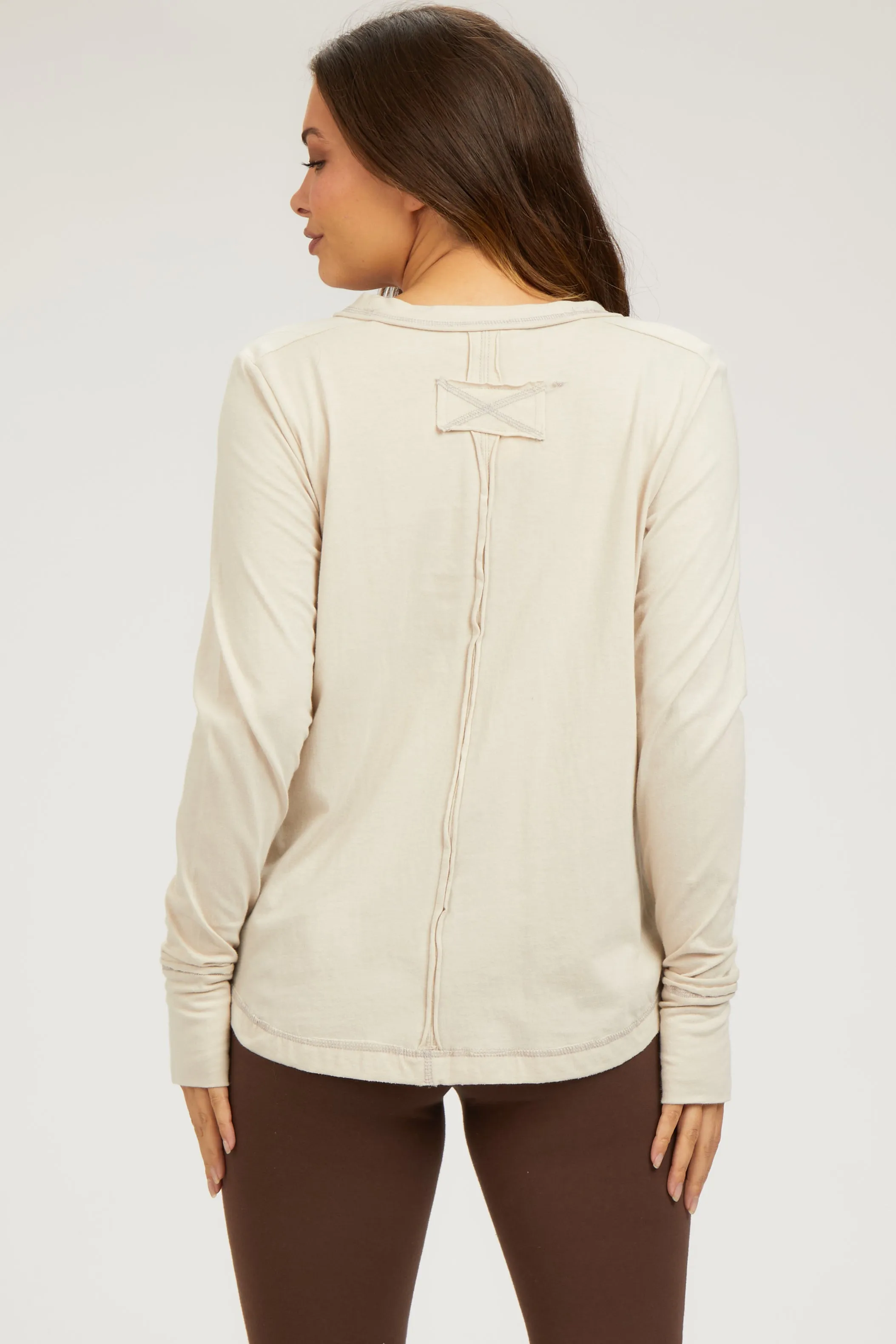 Beige Long Sleeve Exposed Seam Maternity Top