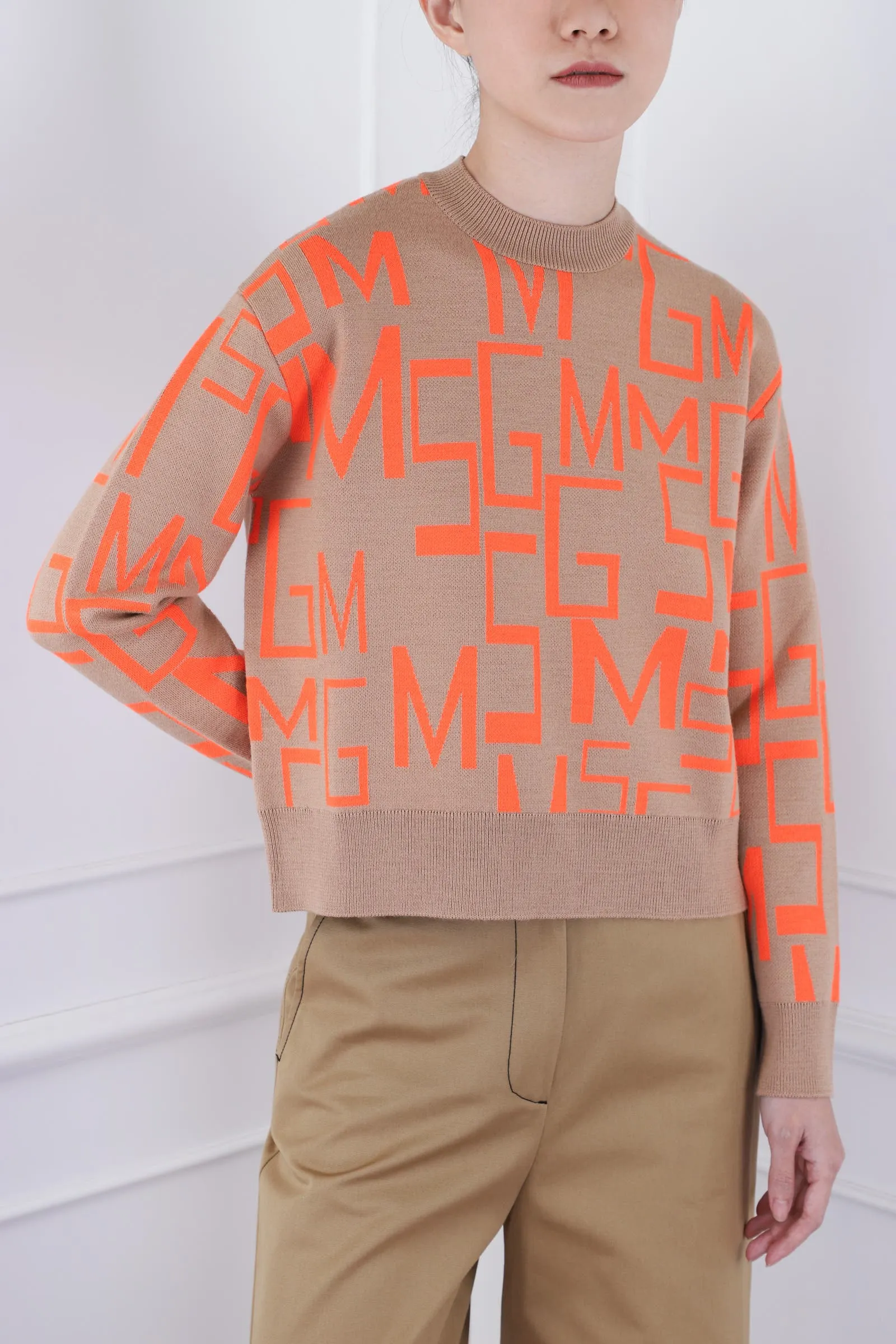 Beige Sweater with Logo Prints