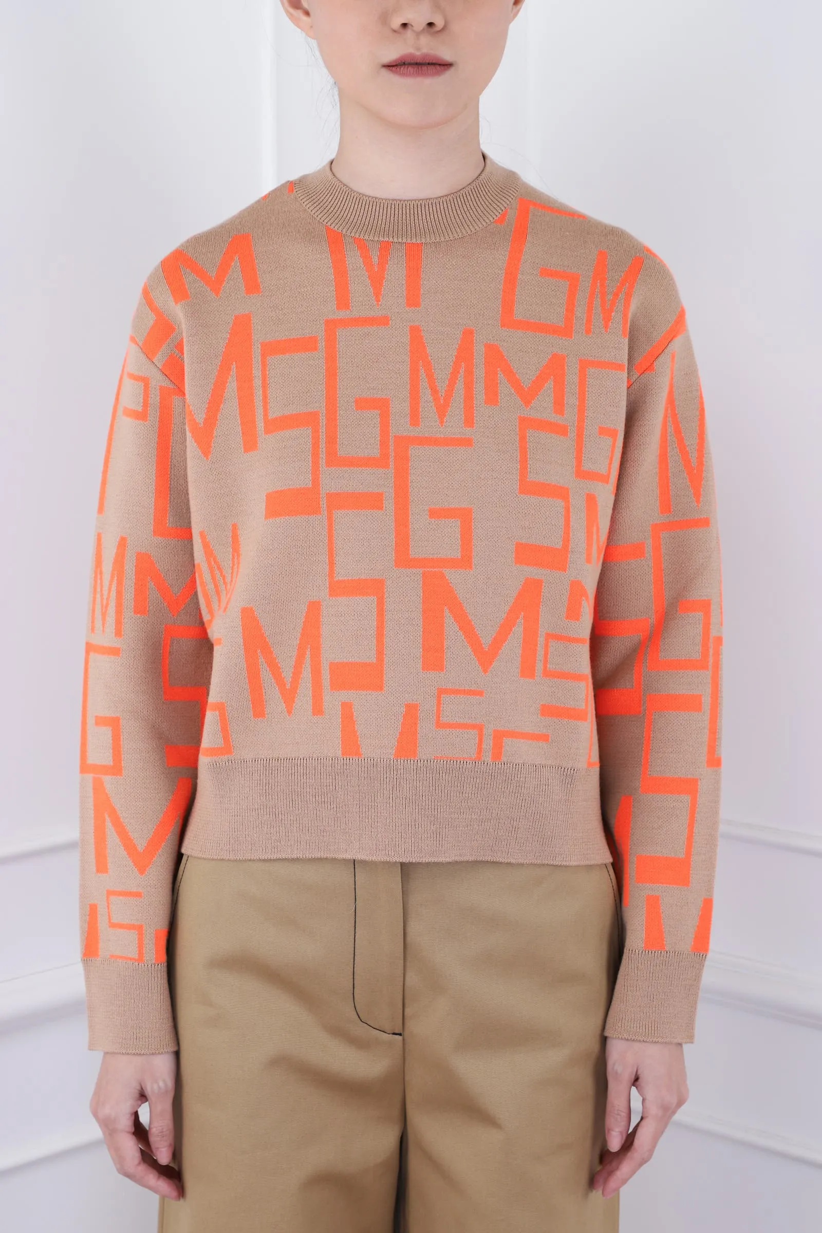 Beige Sweater with Logo Prints