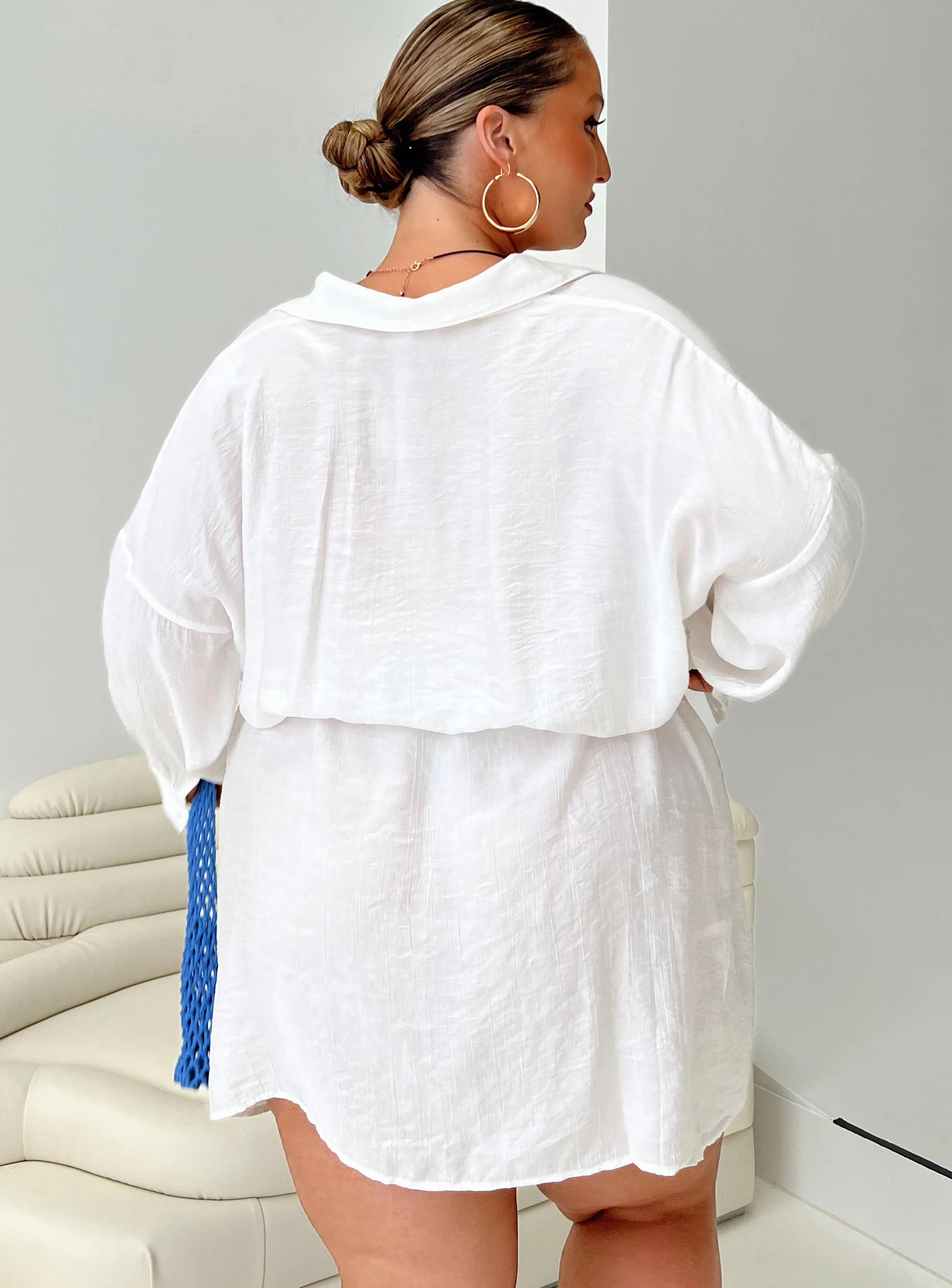 Bilari Textured Fabric Shirt Dress White Curve