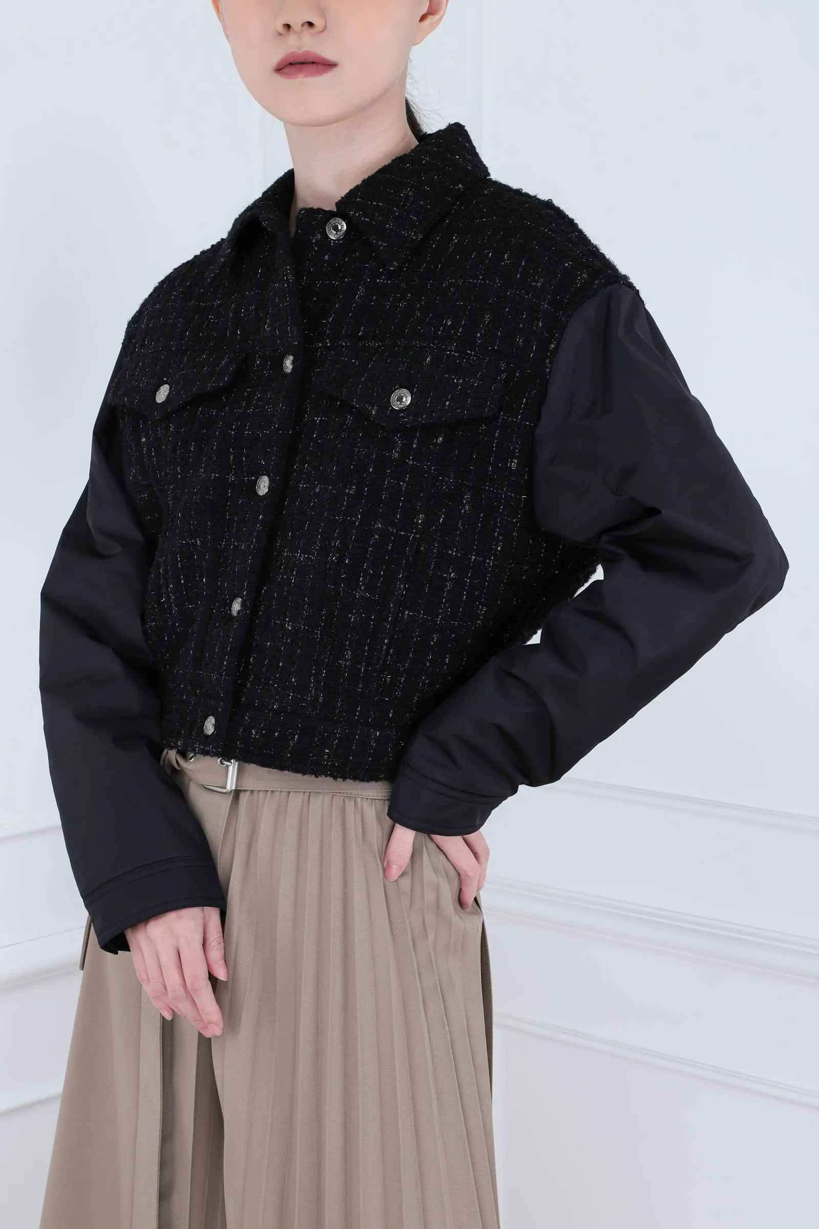 Black Cotton Blend Tweed Jacket