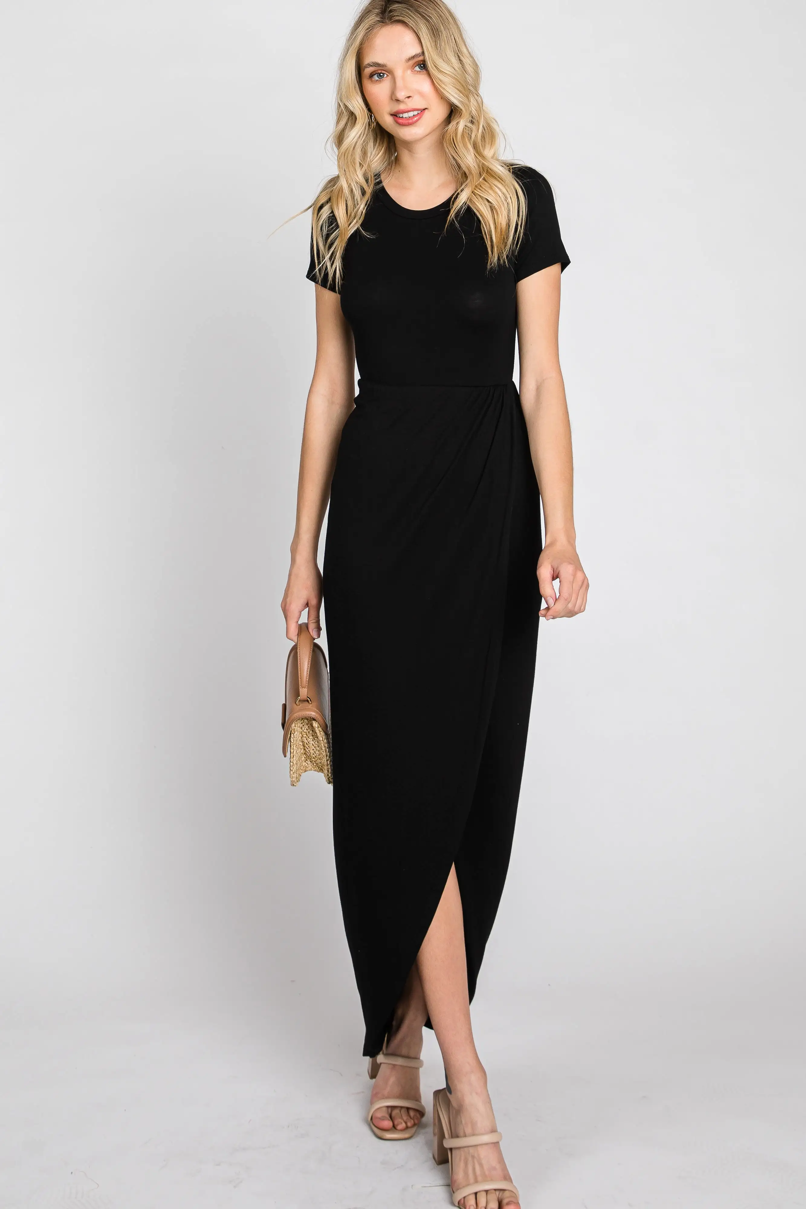 Black Short Sleeve Wrap Hem Maternity Maxi Dress