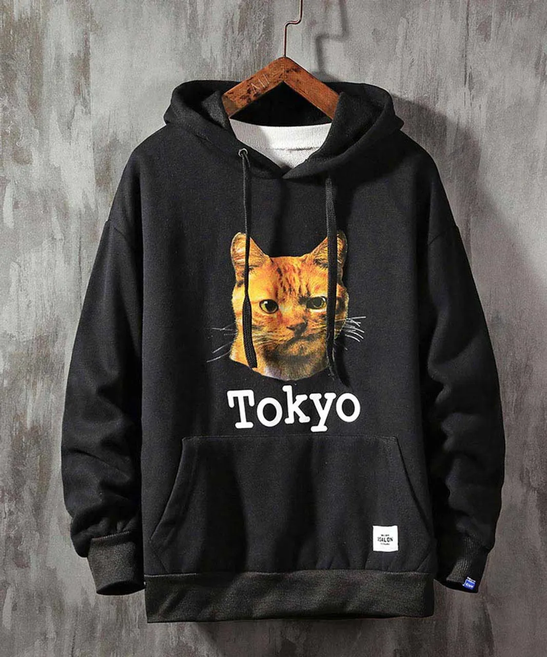 Black Tokyo cat pattern print hoodies with pouch pocket