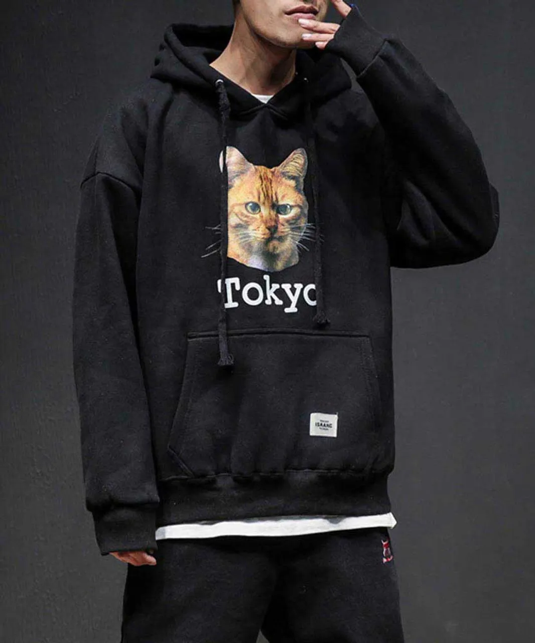 Black Tokyo cat pattern print hoodies with pouch pocket