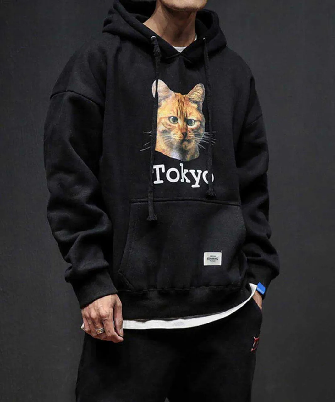 Black Tokyo cat pattern print hoodies with pouch pocket