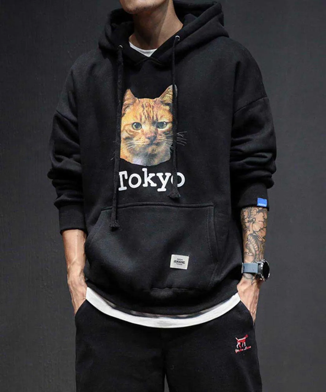 Black Tokyo cat pattern print hoodies with pouch pocket