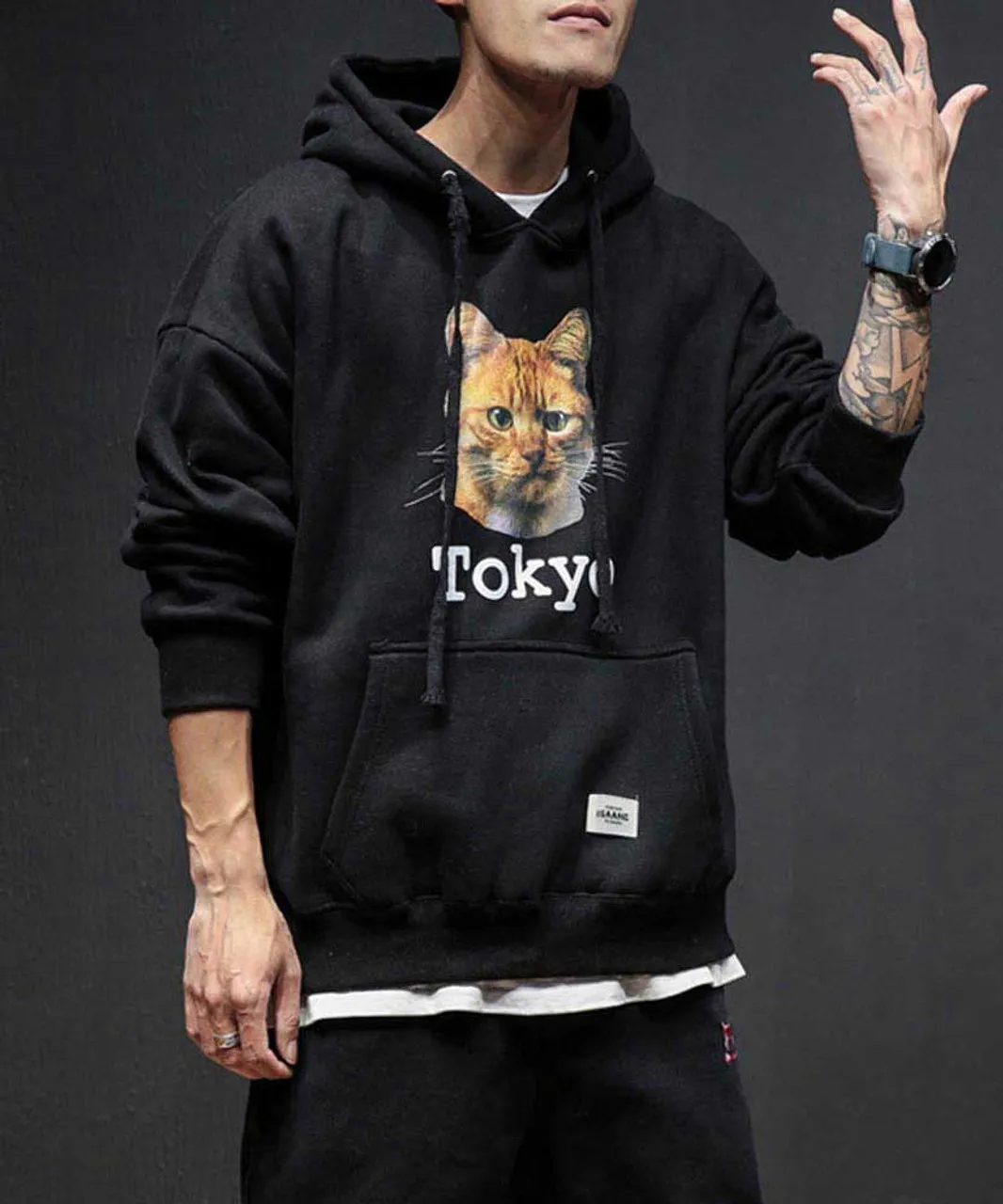 Black Tokyo cat pattern print hoodies with pouch pocket