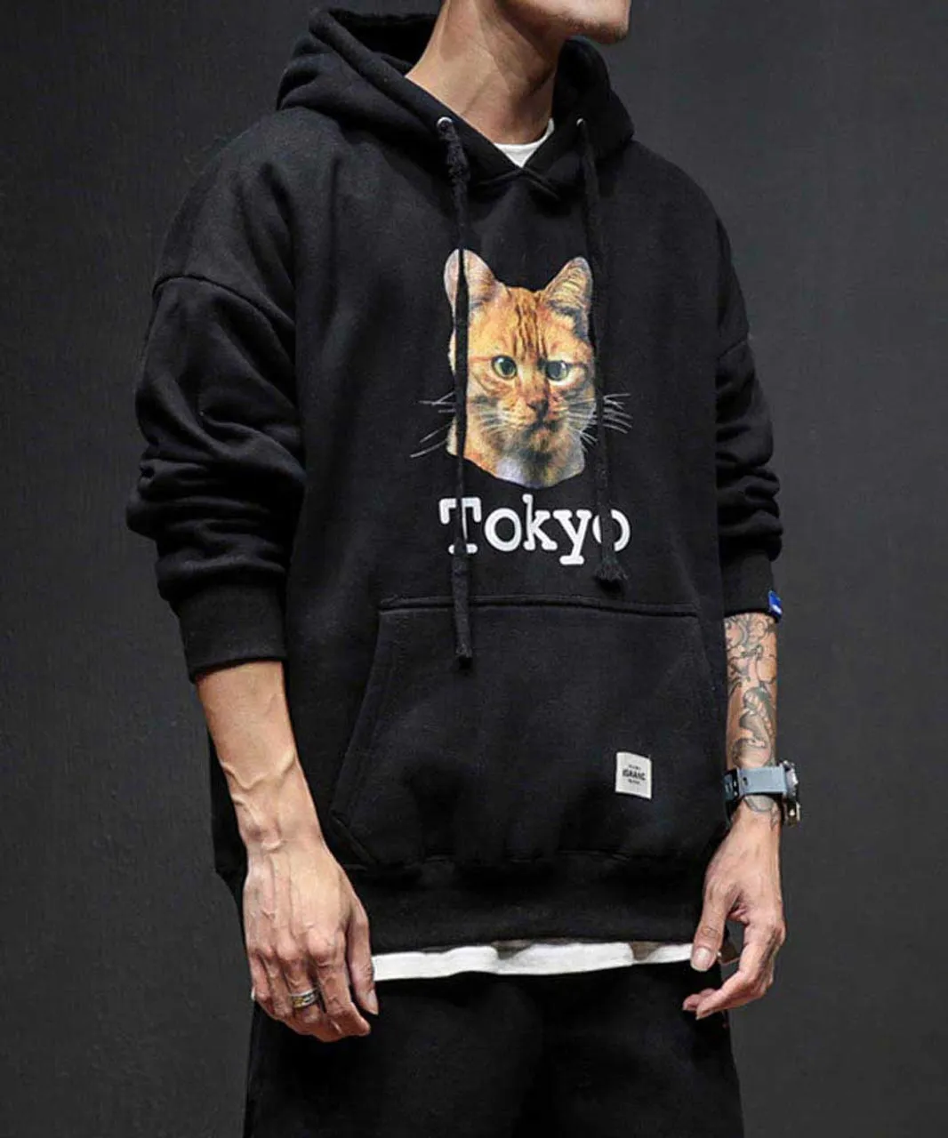 Black Tokyo cat pattern print hoodies with pouch pocket