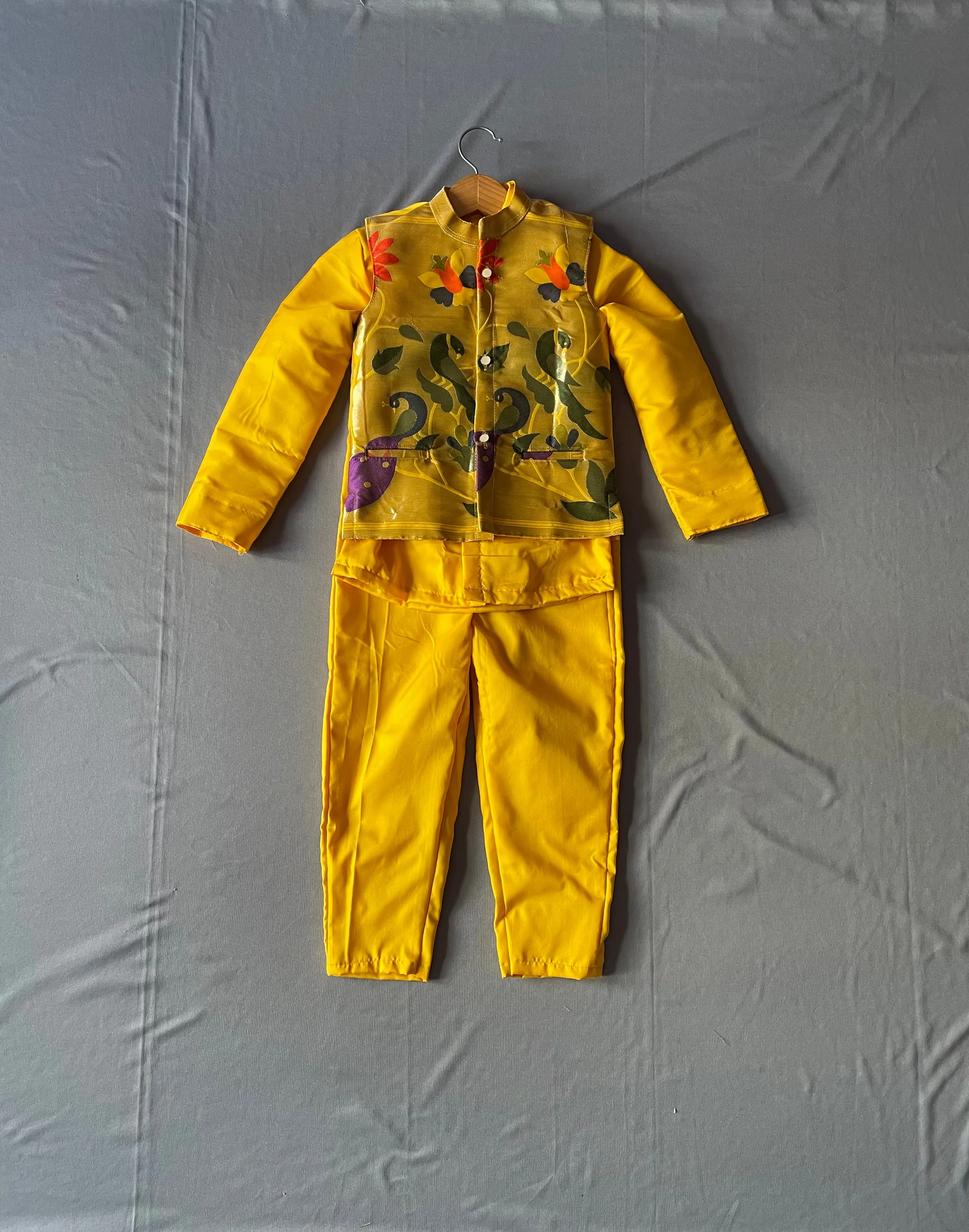 Boy's yellow premium Paithani shirt pant jacket