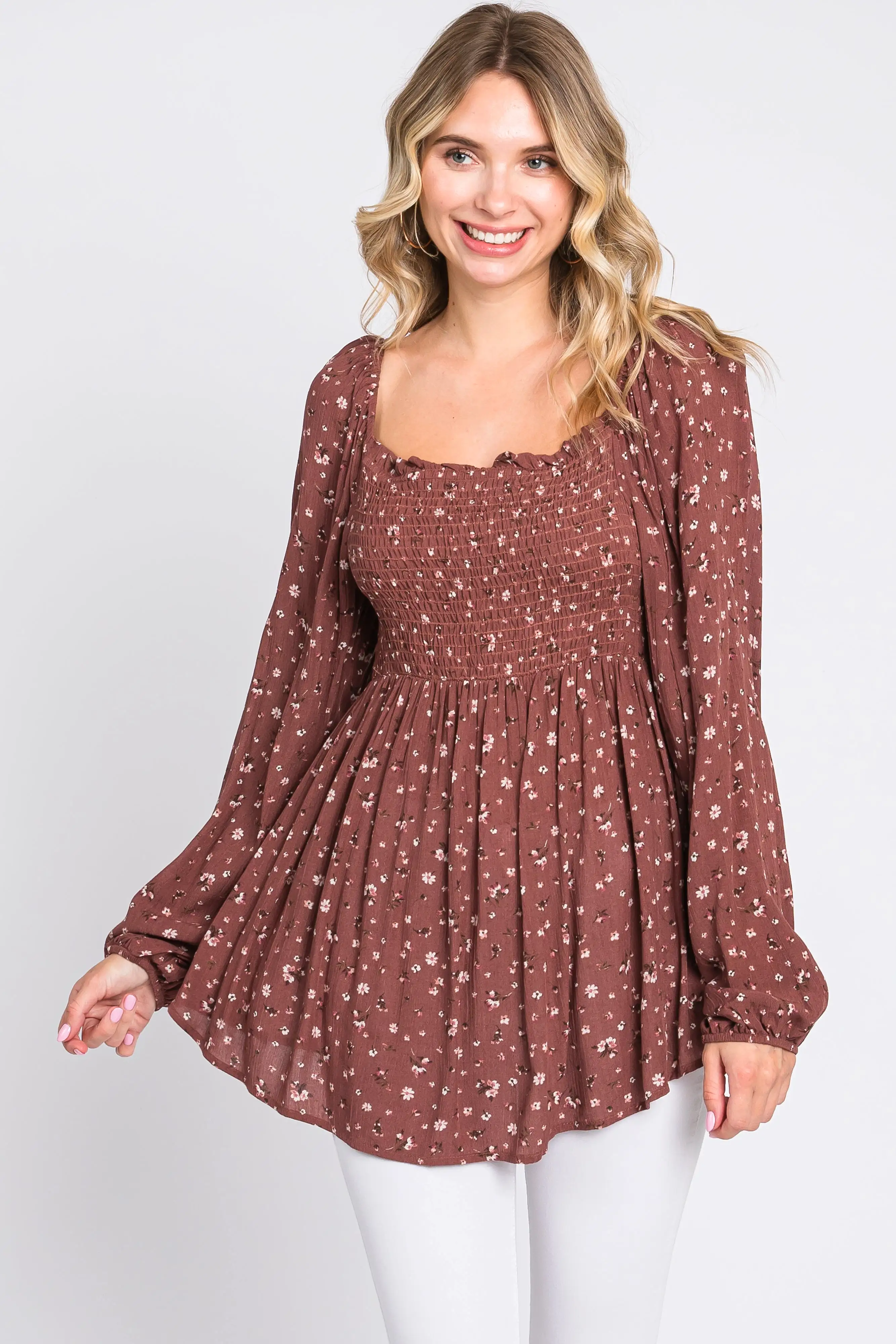 Brown Floral Smocked Long Sleeve Top