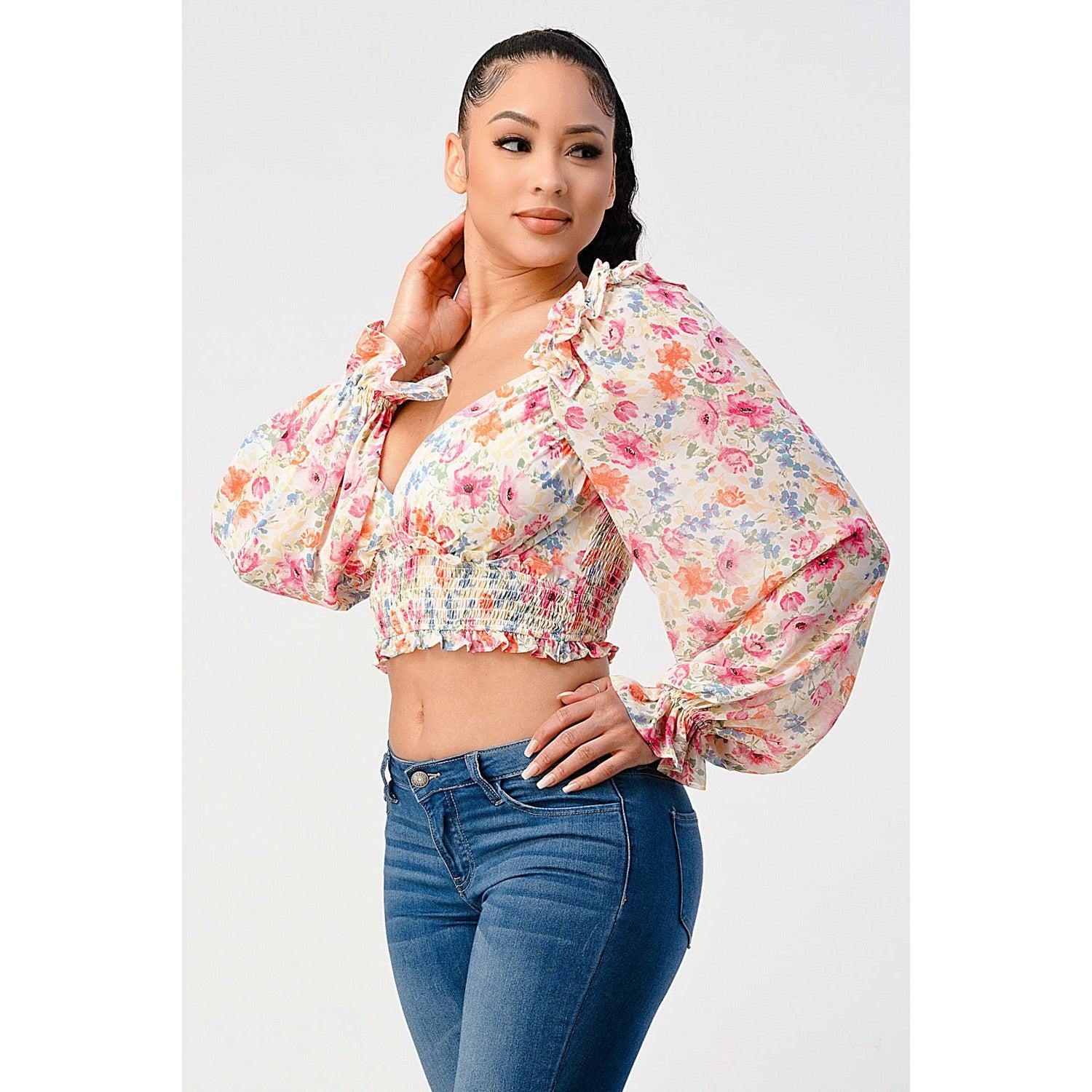 Chic Floral Sweetheart Smocked Body Blouse Top