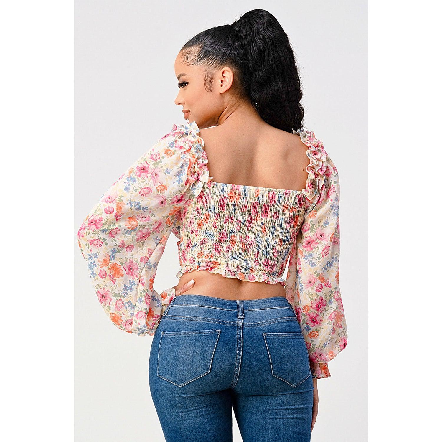 Chic Floral Sweetheart Smocked Body Blouse Top