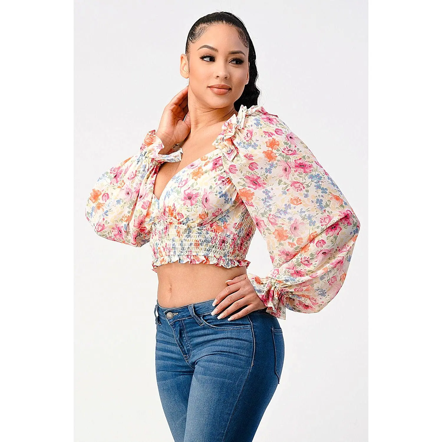 Chic Floral Sweetheart Smocked Body Blouse Top