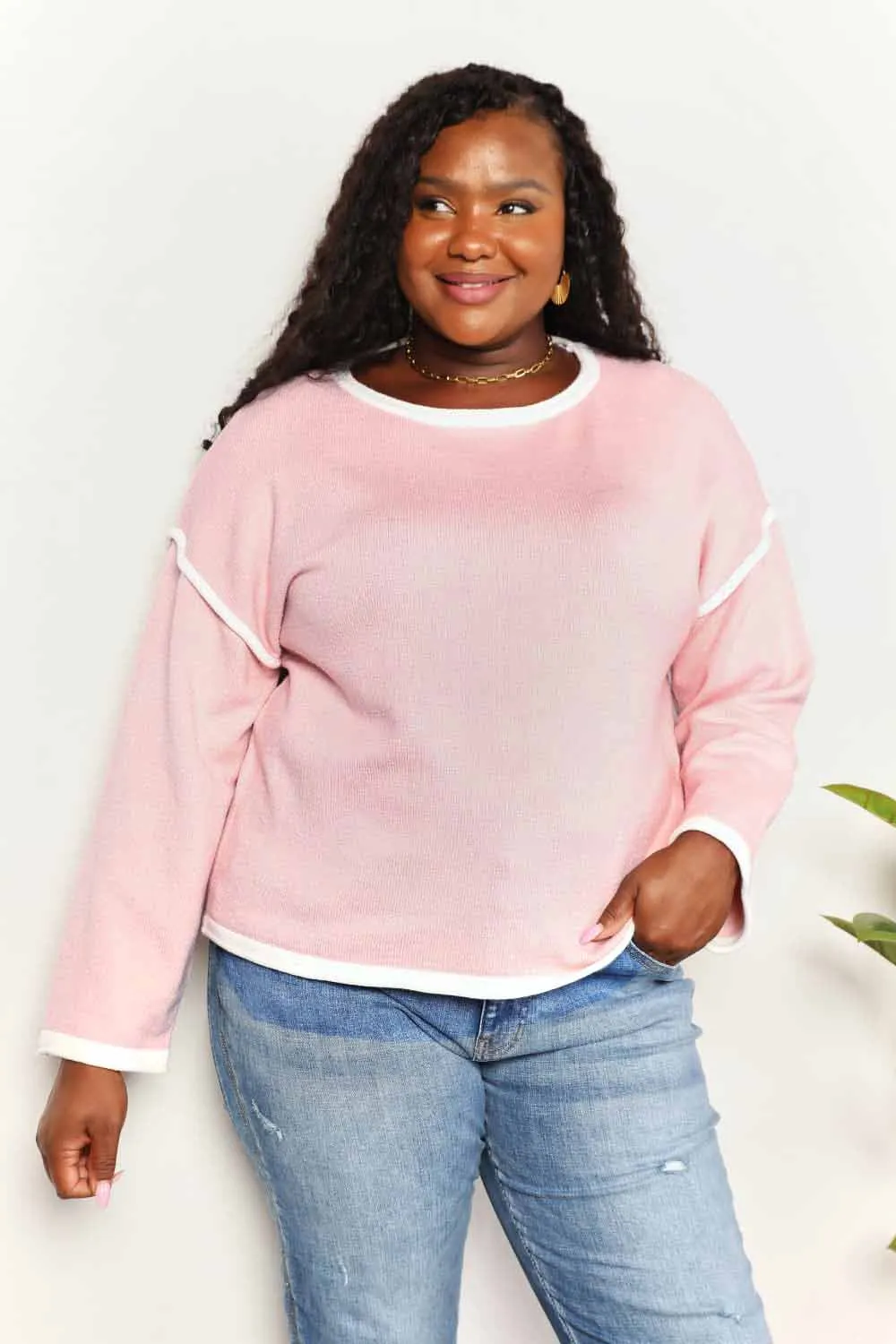 Contrast Detail Dropped Shoulder Knit Top in Blush Pink