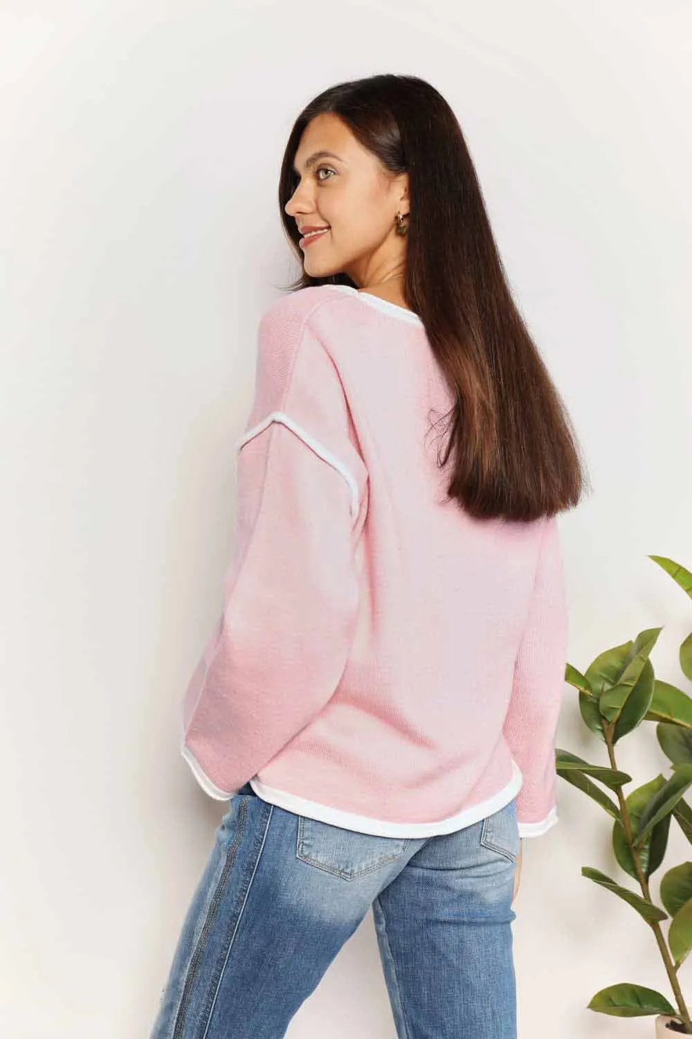 Contrast Detail Dropped Shoulder Knit Top in Blush Pink