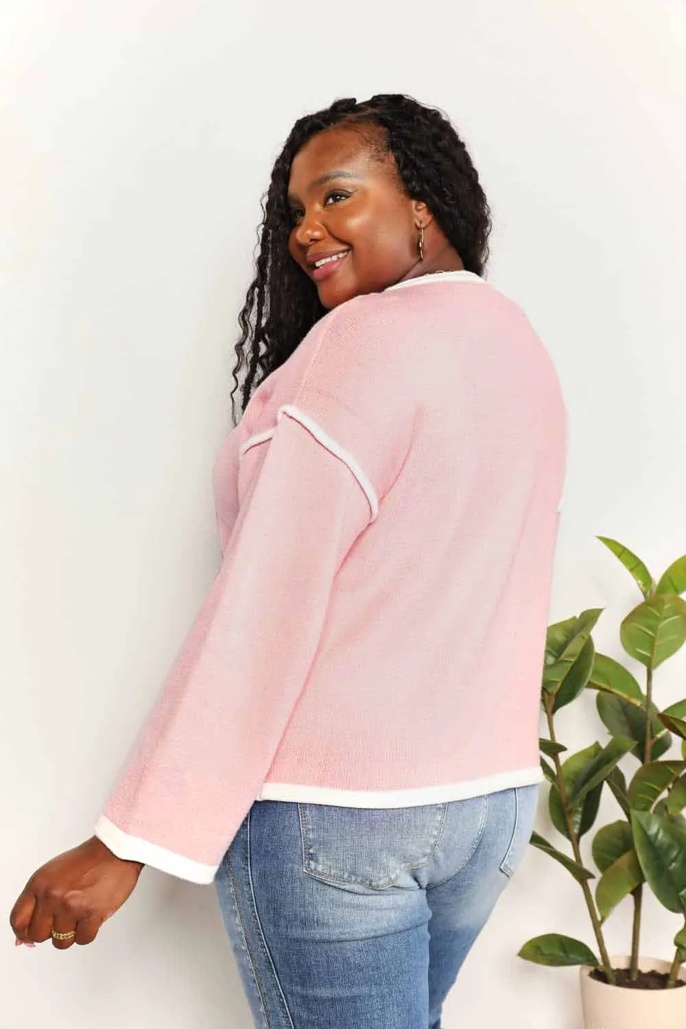 Contrast Detail Dropped Shoulder Knit Top in Blush Pink