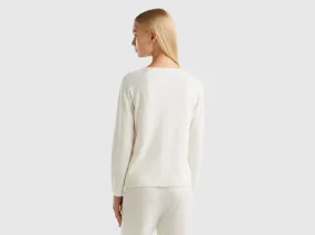 Cream crew neck sweater in cashmere and wool blend - Creamy White | Benetton