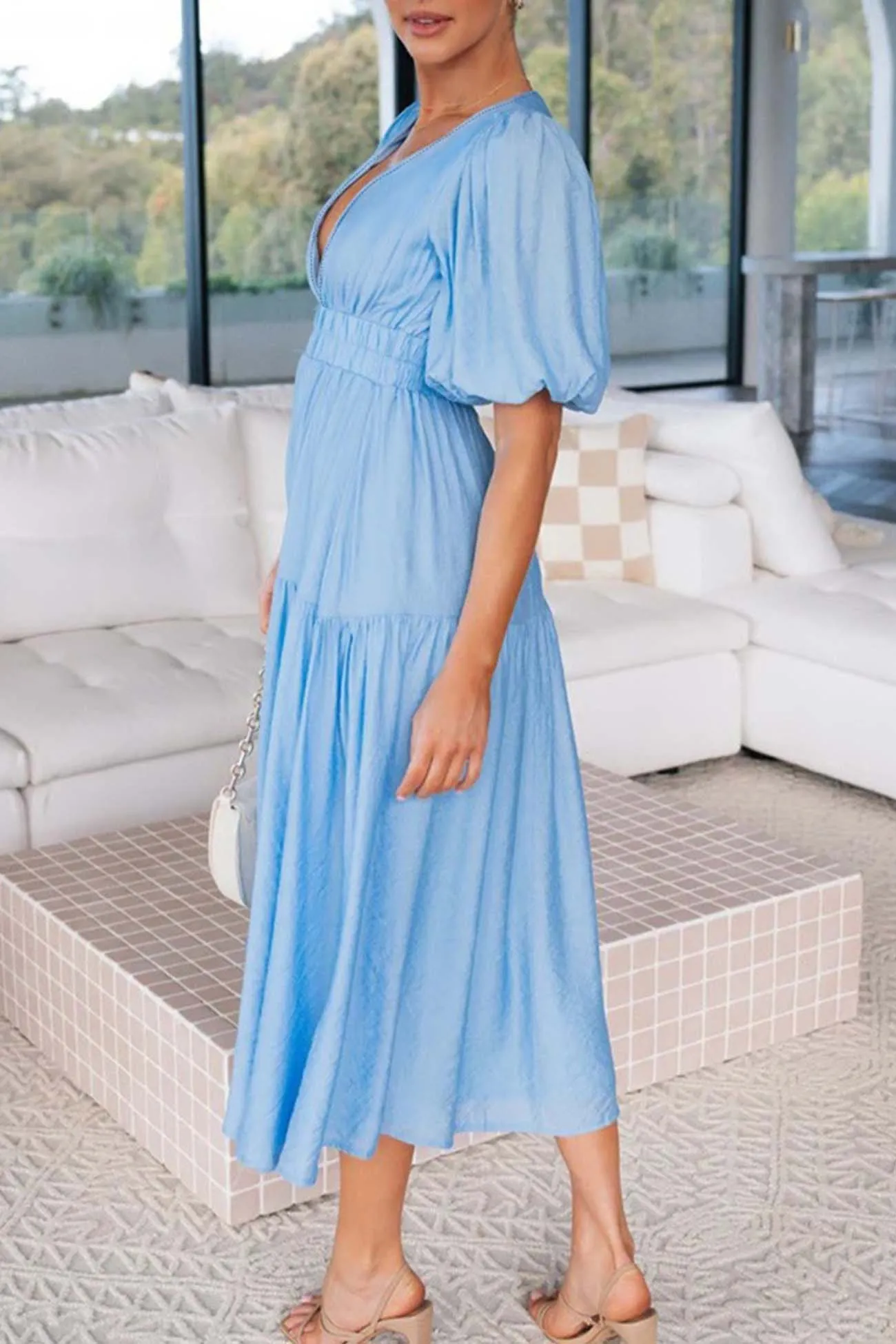 Deep V Neck Puff Sleeve Tiered Dress