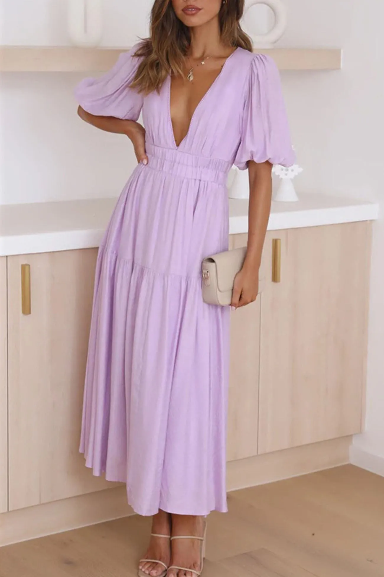 Deep V Neck Puff Sleeve Tiered Dress