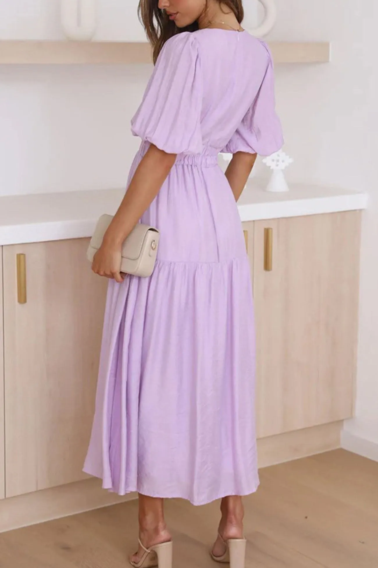 Deep V Neck Puff Sleeve Tiered Dress