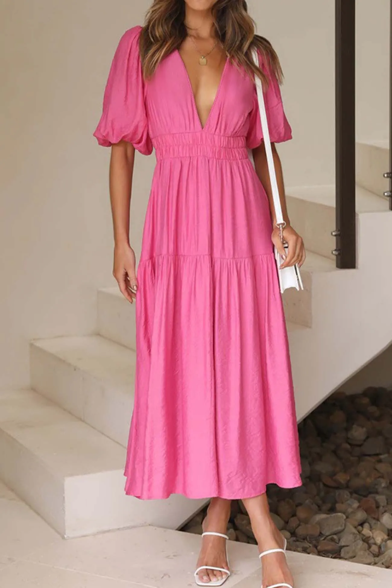 Deep V Neck Puff Sleeve Tiered Dress