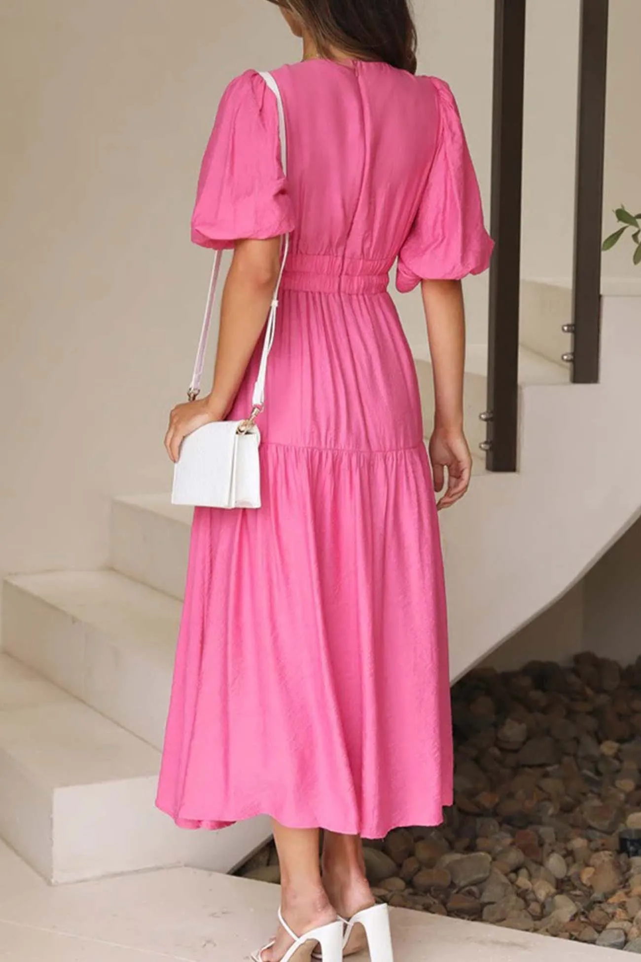 Deep V Neck Puff Sleeve Tiered Dress