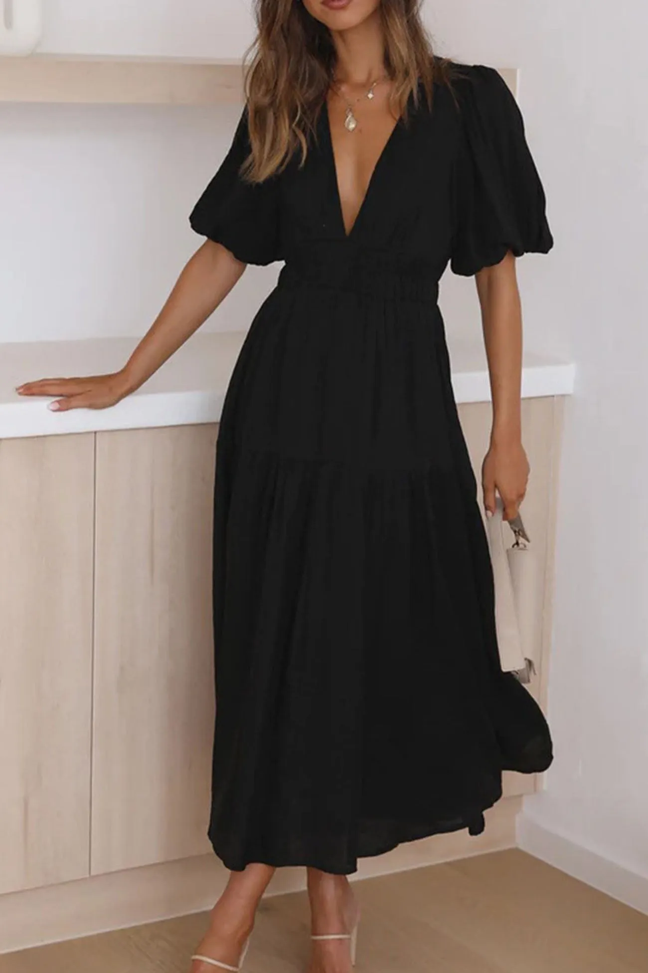 Deep V Neck Puff Sleeve Tiered Dress