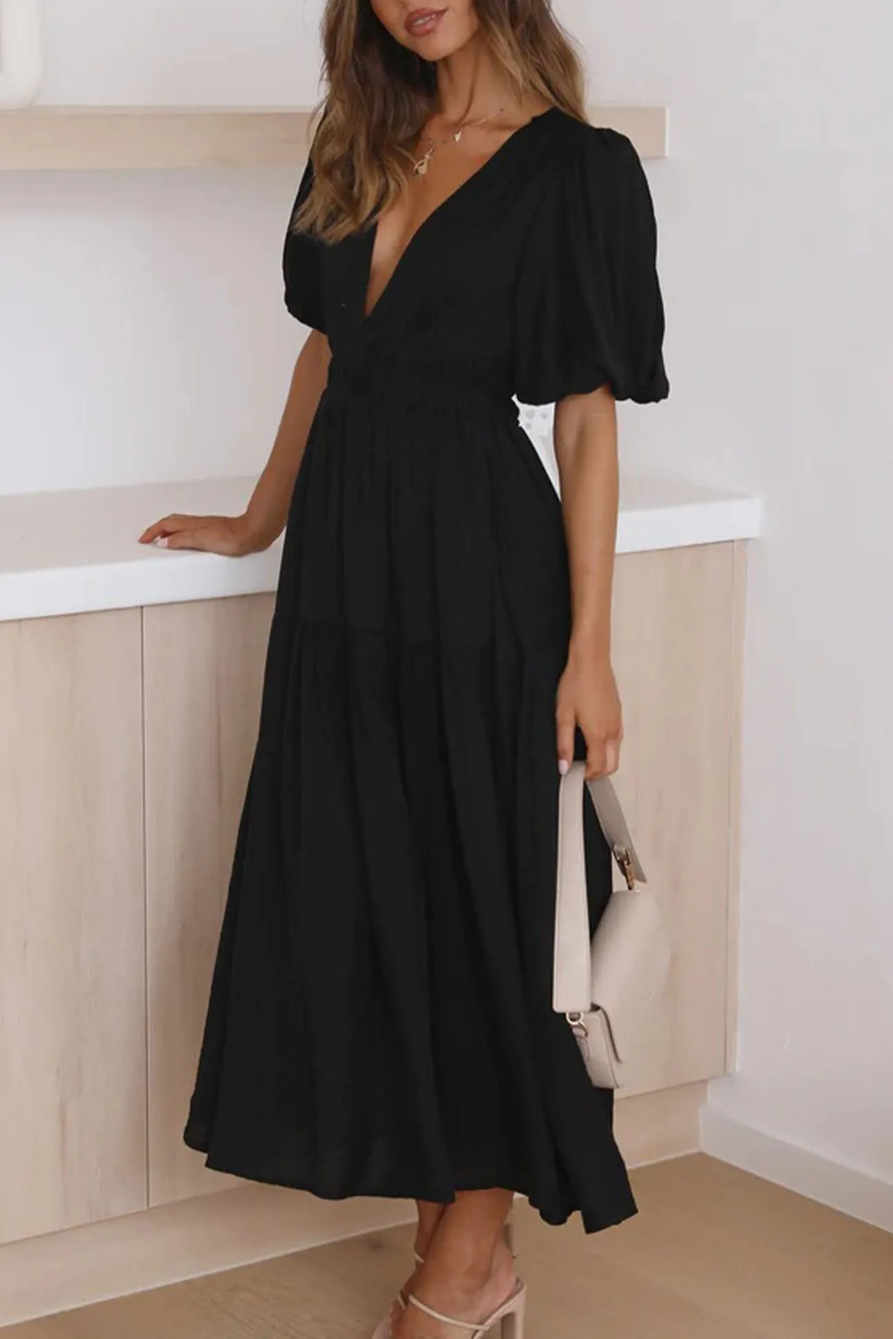 Deep V Neck Puff Sleeve Tiered Dress