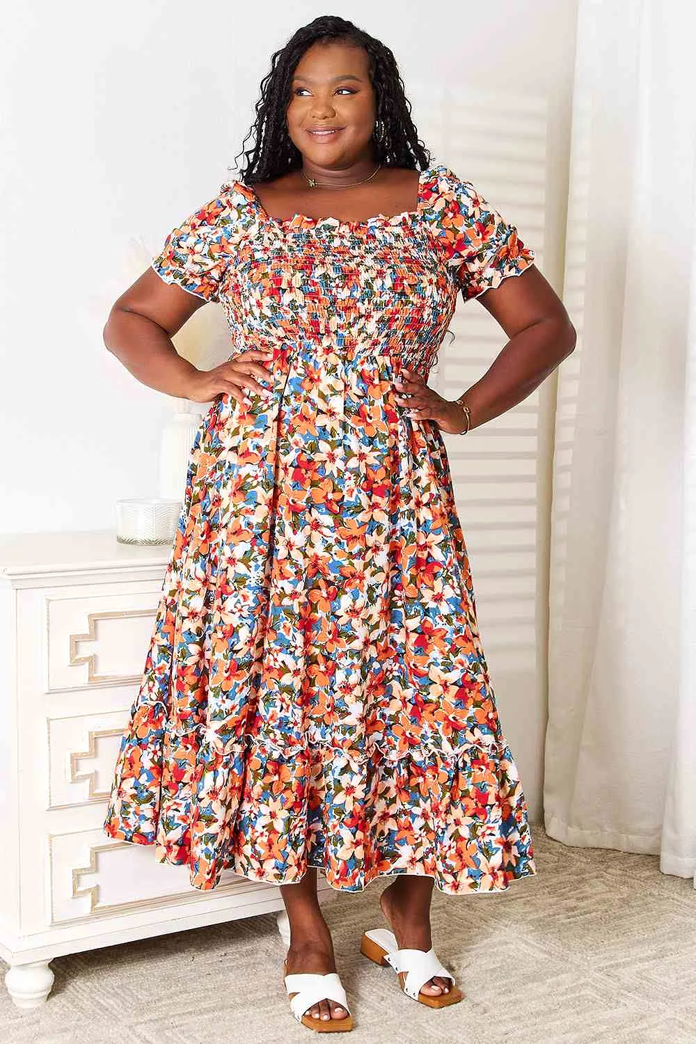 Double Take Plus Size Floral Smocked Square Neck Dress