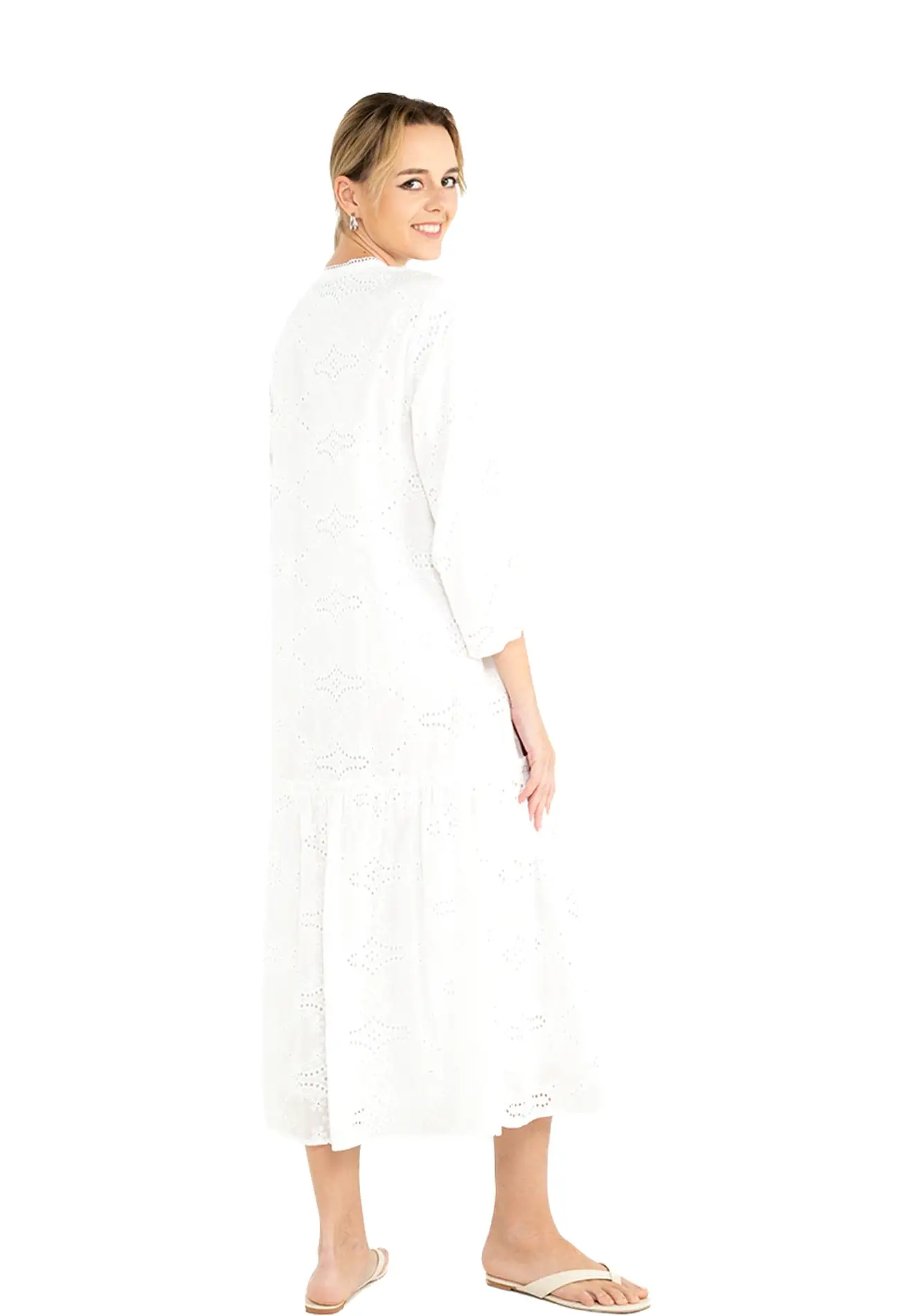 ELLE Apparel V-Neck Puff Sleeves Embroidered Long Dress