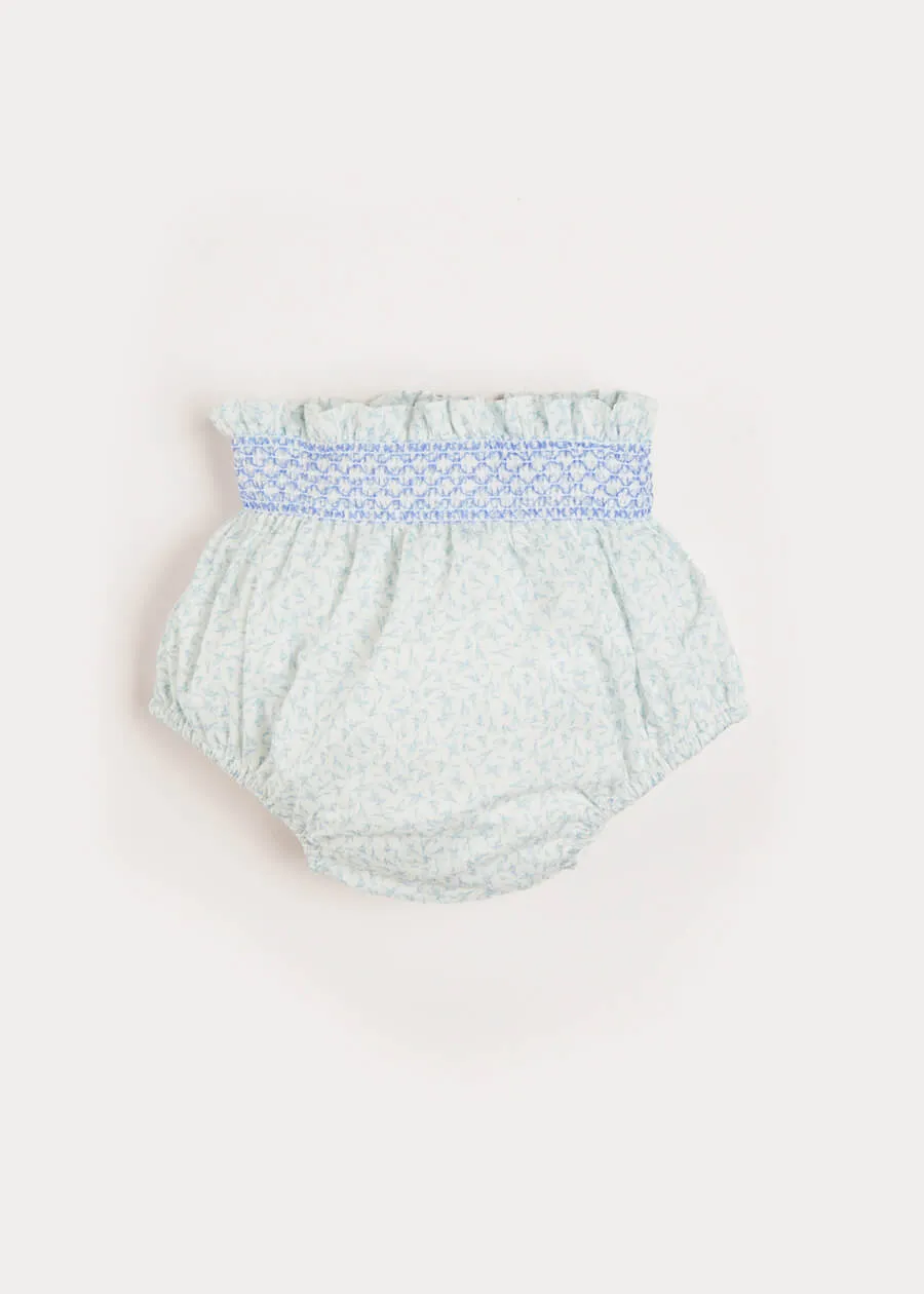 Elsie Floral Print Bloomers With Smocked Waistband in Blue (1-6mths)