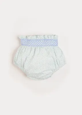 Elsie Floral Print Bloomers With Smocked Waistband in Blue (1-6mths)