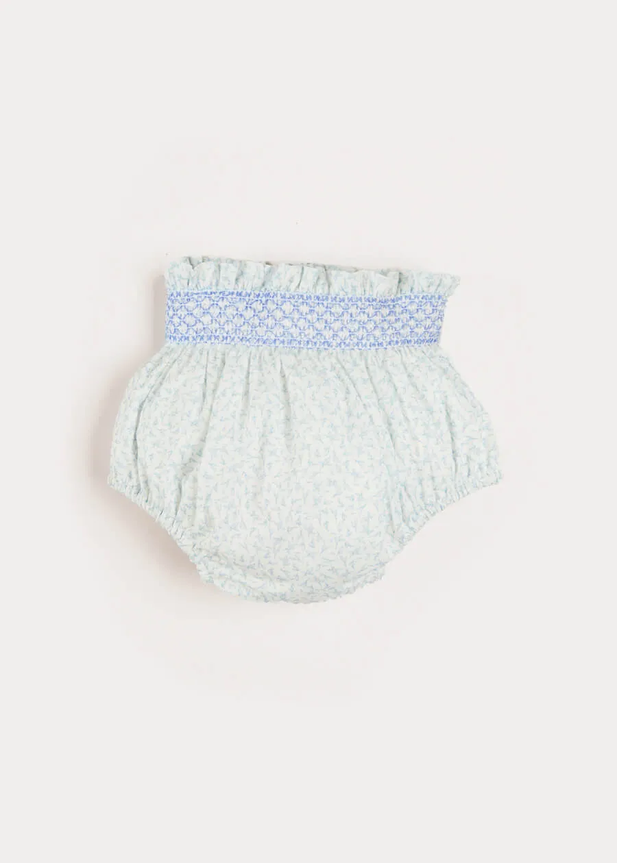 Elsie Floral Print Bloomers With Smocked Waistband in Blue (1-6mths)