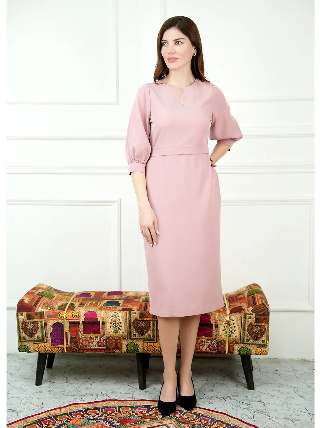 Exude Bright Low 3/4 Puff Sleeve Dress (Blush Pink)