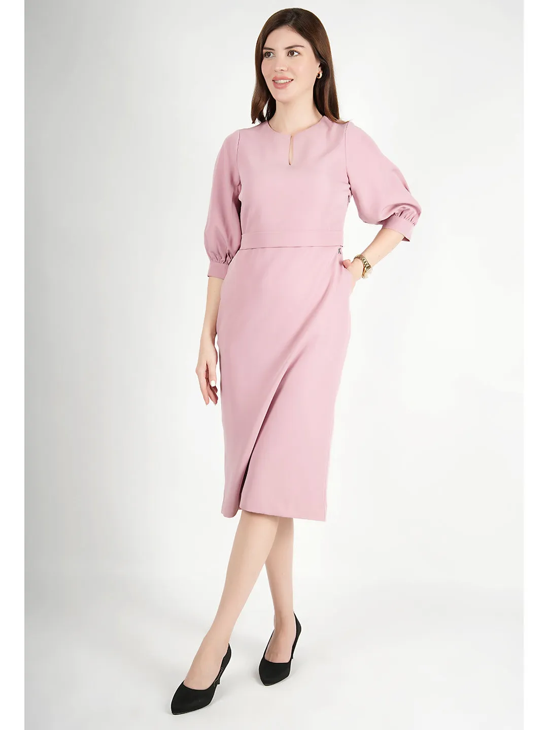 Exude Bright Low 3/4 Puff Sleeve Dress (Blush Pink)