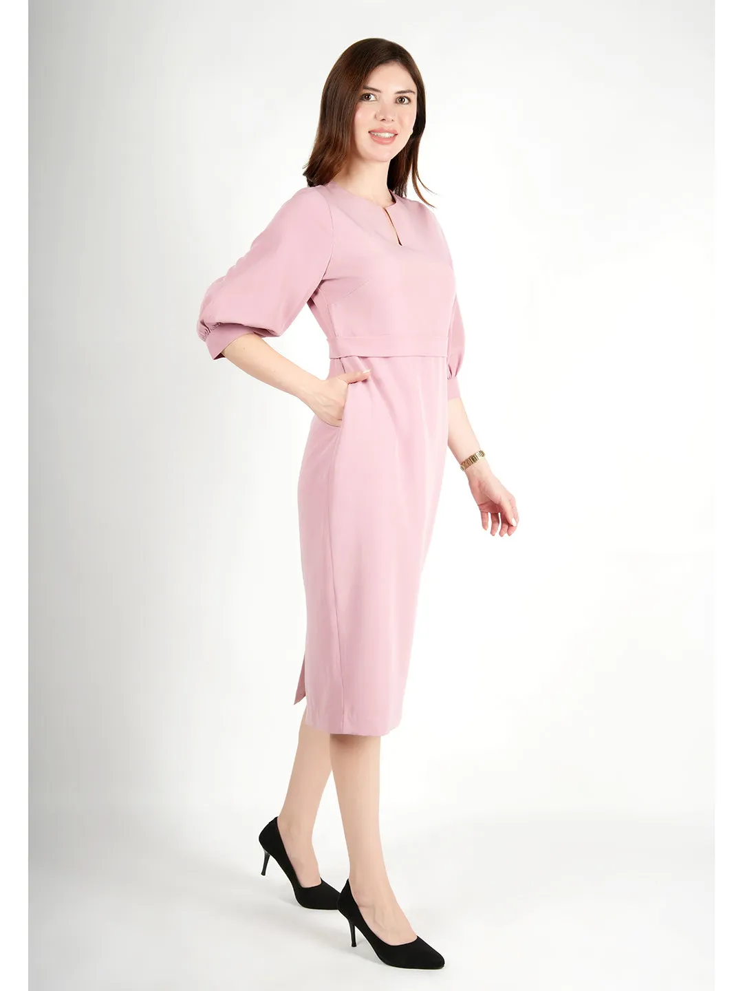 Exude Bright Low 3/4 Puff Sleeve Dress (Blush Pink)