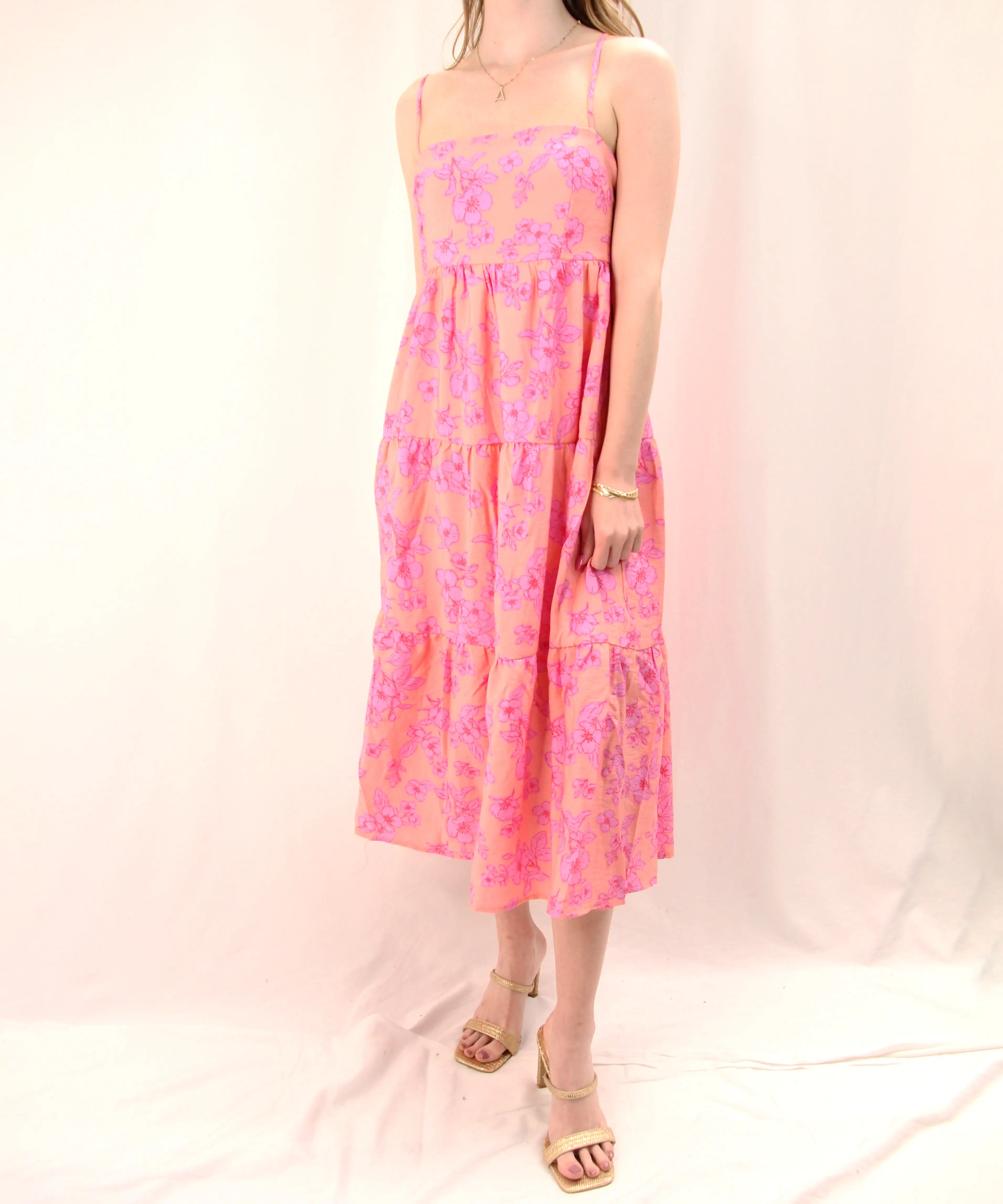 Floral Midi Dress with Smocked Back - Peach/Pink