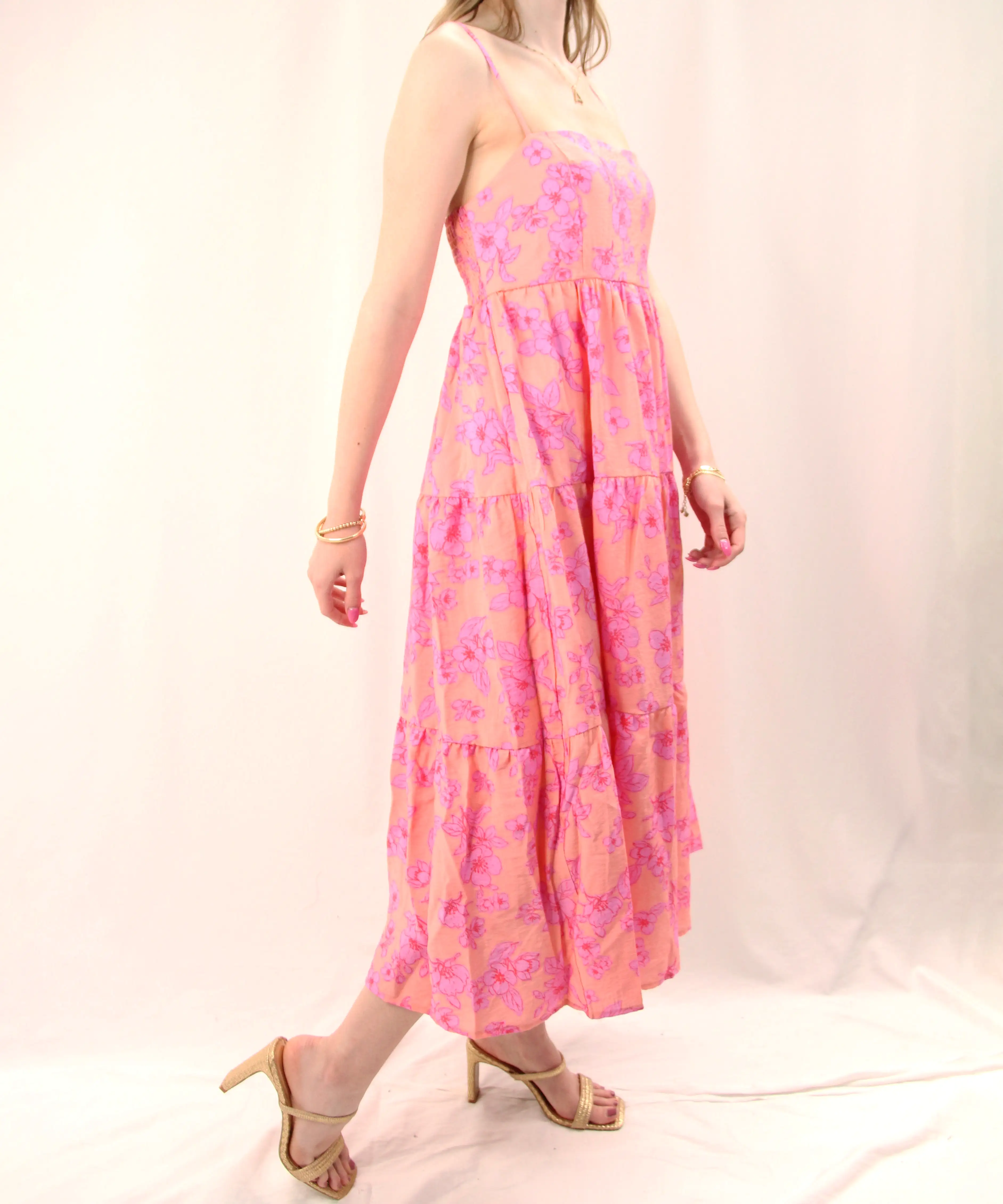 Floral Midi Dress with Smocked Back - Peach/Pink