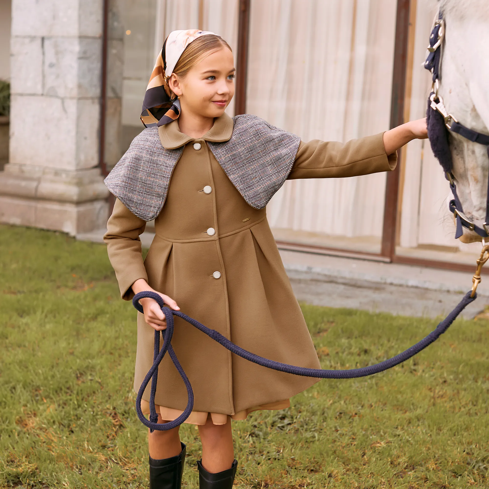 Girls Beige Shawl Collar Coat