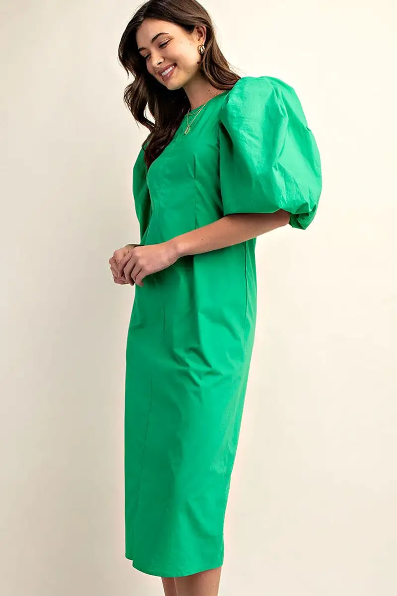 Green Puff Sleeve Midi Dress