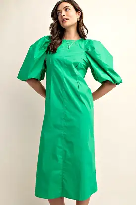 Green Puff Sleeve Midi Dress